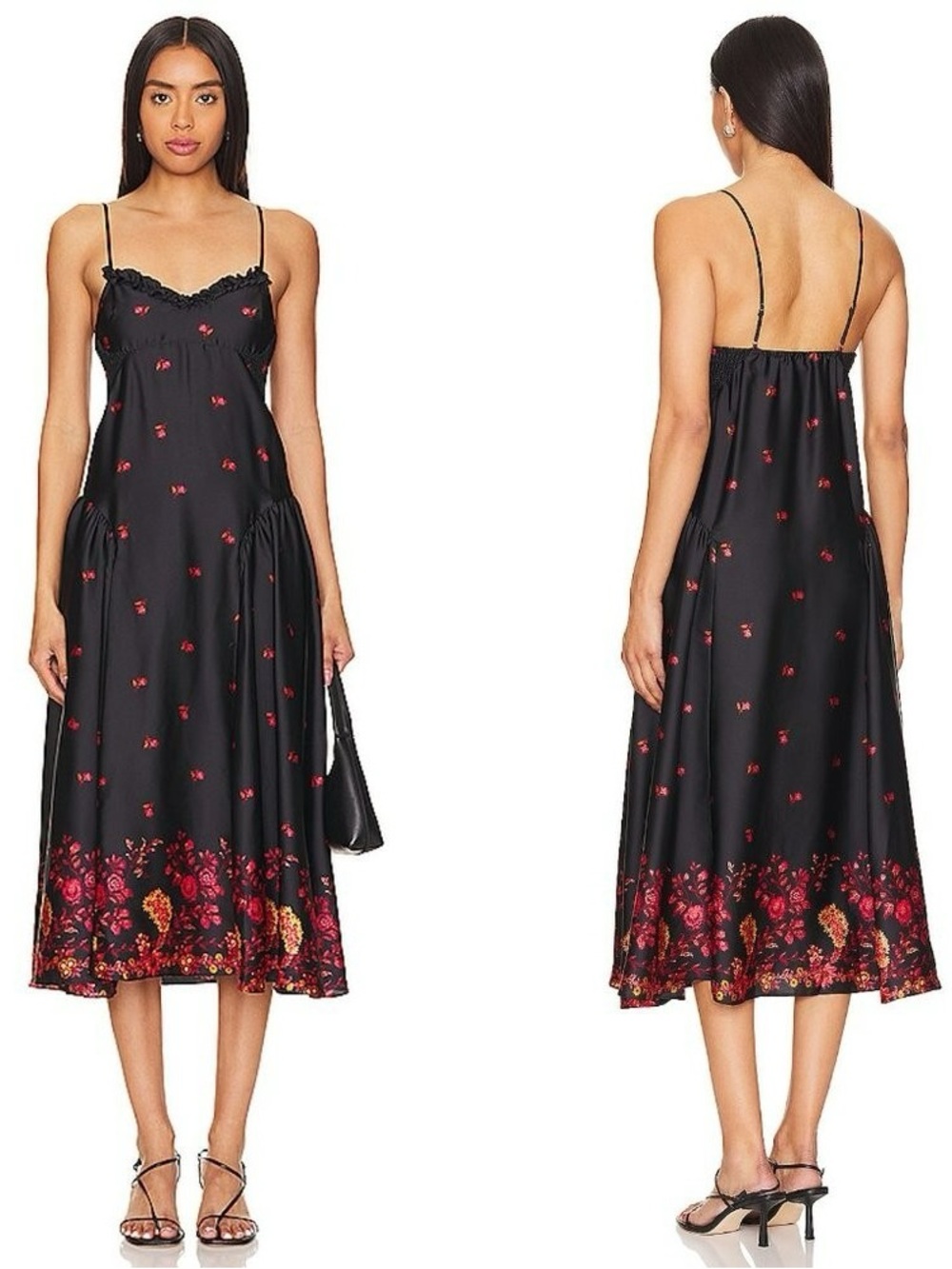 INTIMATELY FREE PEOPLE Satin Slip Dress Midi Floral Ruffles Spaghetti Straps M